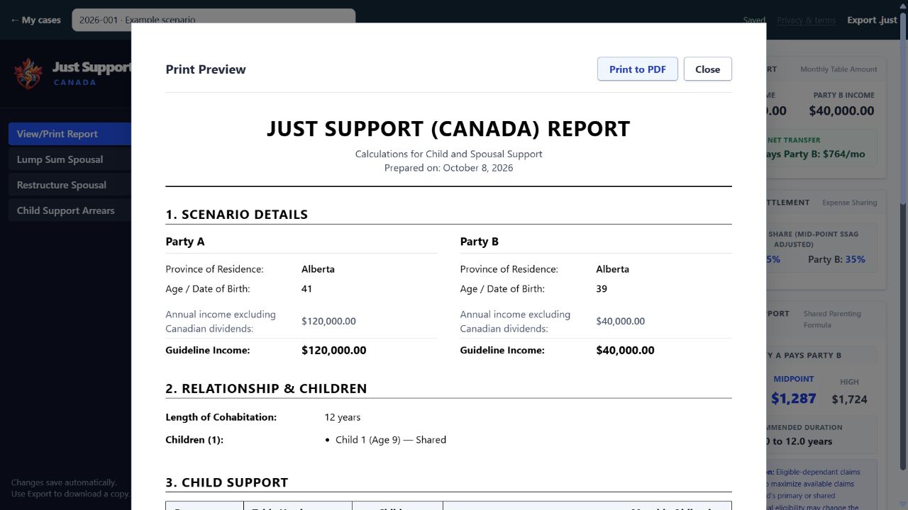 Just Support printable report showing scenario details and child support results